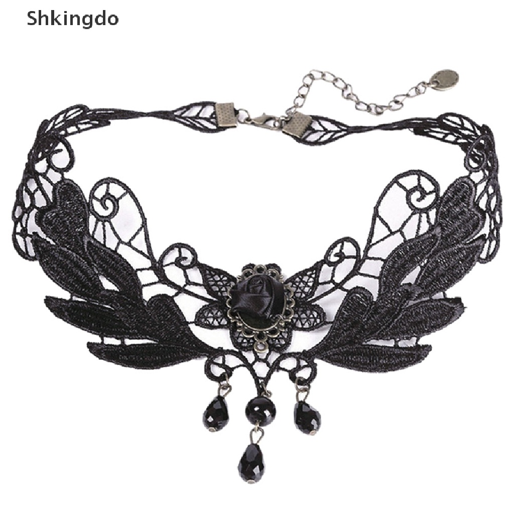 Vòng cổ choker ren đính đá hình giọt nước màu đen phong cách Lolita thời trang cho nữ