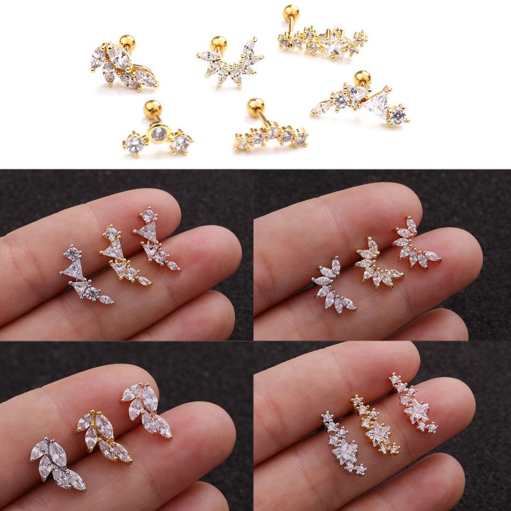 Khuyên xỏ sụn tai bằng thép không gỉ đính đá zircon nhiều màu dễ thương