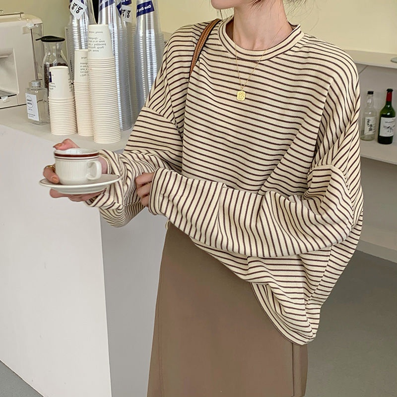 Áo thun cotton tay dài dáng rộng họa tiết kẻ sọc đơn giản phong cách Hàn Quốc thời trang