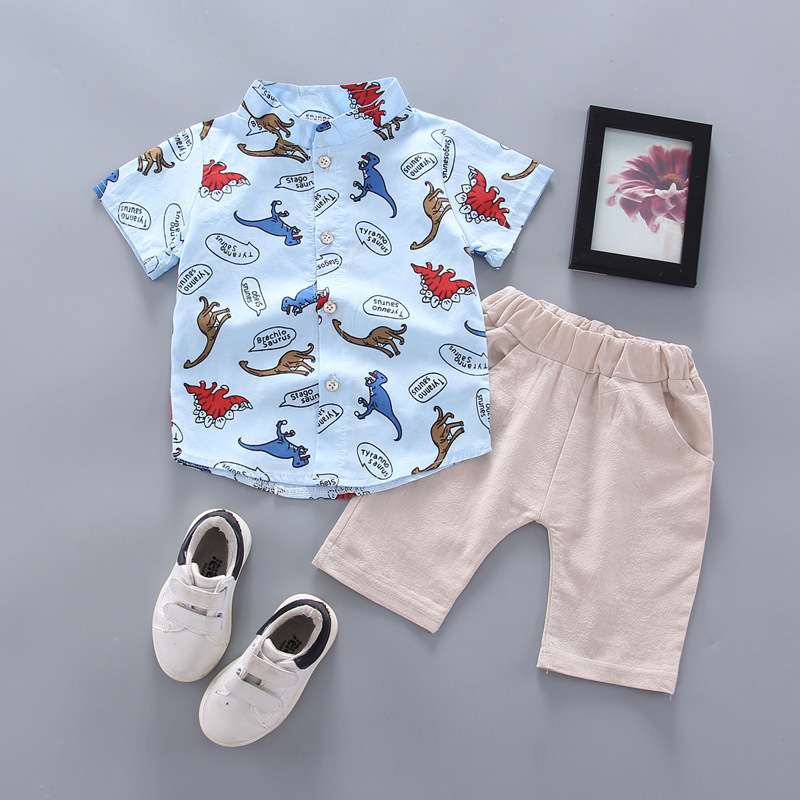 Set áo sơ mi ngắn tay in hình khủng long + quần short thời trang dành cho bé trai