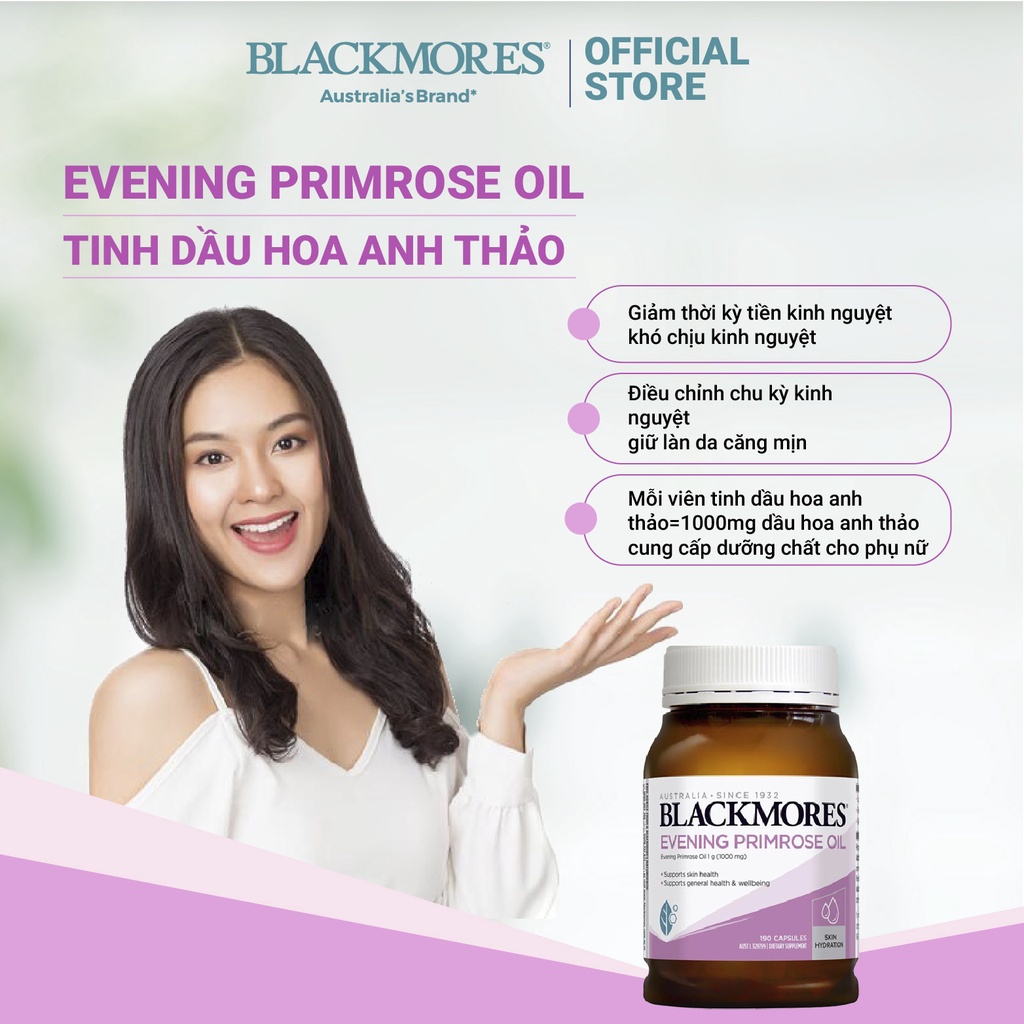 Tinh dầu hoa anh thảo Evening Primrose Oil Blackmores Úc 190 viên hỗ trợ cân bằng nội tiết tố làm đẹp da tóc, móng