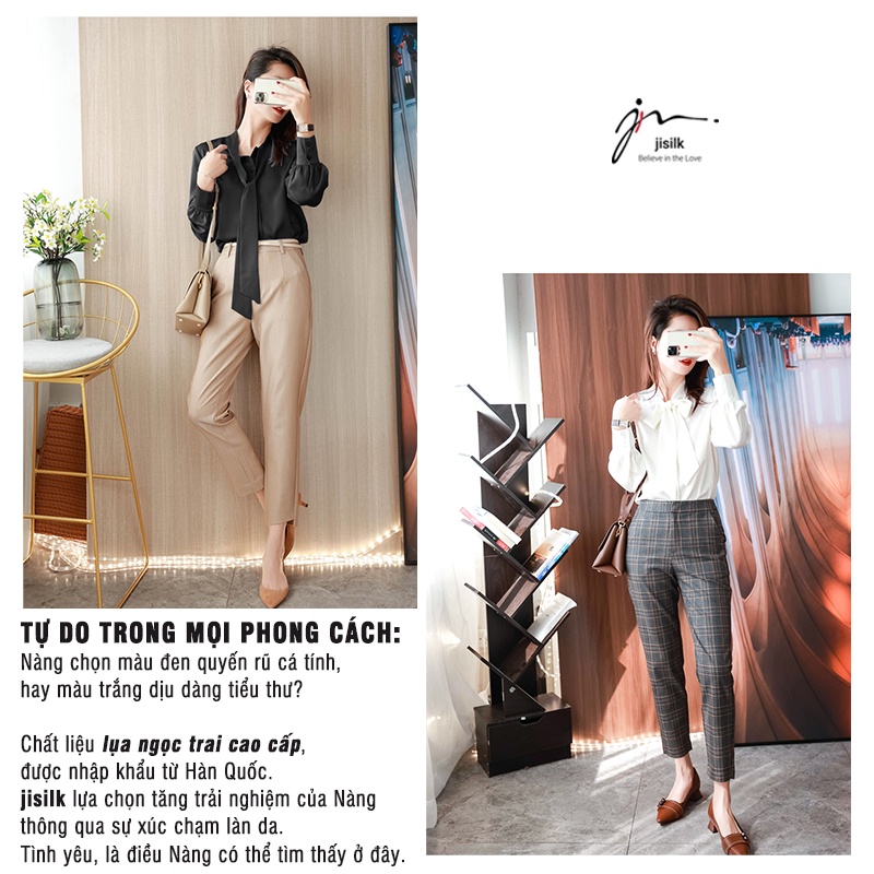 Áo sơ mi kiểu nữ bigsize jisilk form rộng công sở thắt nơ bánh bèo tay phồng Sangrin L.SM2-02
