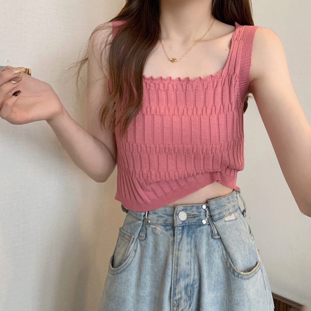 [Hana And Alice] Áo Hai Dây Dệt Kim Dáng Ngắn Thời Trang Quyến Rũ Cho Nữ