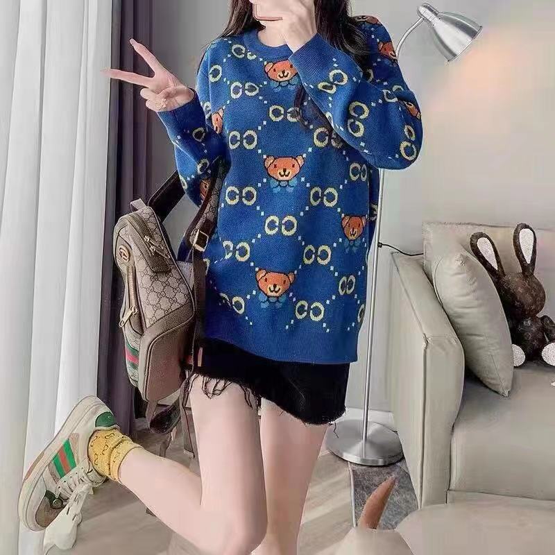 Áo Sweater Dệt Kim Dáng Rộng In Hình Gấu Dễ Thương Cho Nam Và Nữ