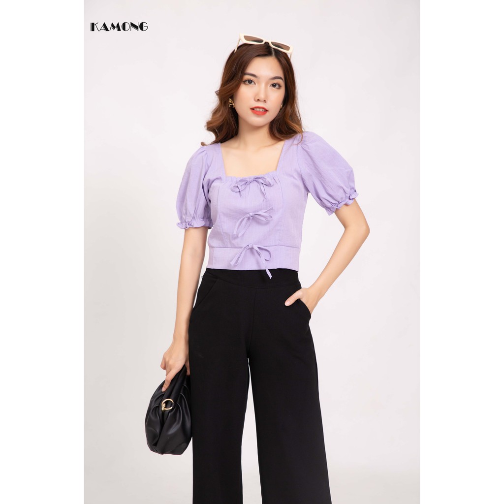 Áo croptop cổ vuông phối nơ KAMONG A076