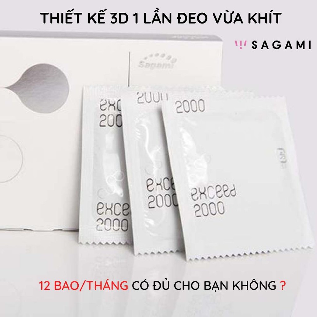 Bao cao su Sagami Exceed 2000 hộp 12 bao thiết kế 3D siêu mỏng một lần thắt chống tuột kéo dài thời gian