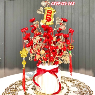 (Xả kho) Hoa giả - Cây quả đỏ -  Đào đông, bạch quả, tim vàng, quạt vàng trang trí tết mang tài lộc phúc thọ