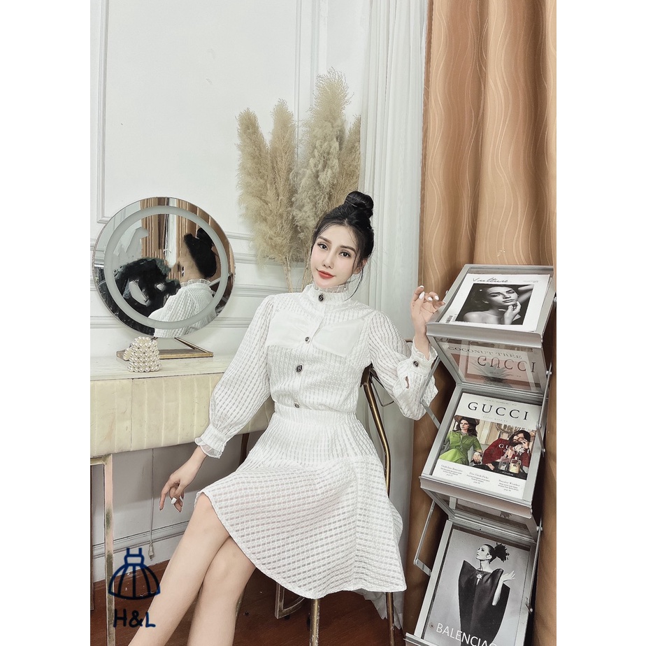 Set áo sơ mi cổ tàu dài tay mix chân váy xòe ngắn đi tiệc, đi chơi, đi cafe siêu xinh