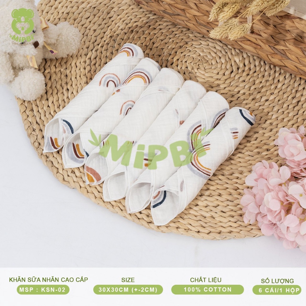 Khăn sữa xô nhăn cao cấp Mipbi hộp 6 cái KT 30x30cm. Khăn sữa cho bé 100% sợi bông thiên nhiên theo tiêu chuẩn Châu Âu