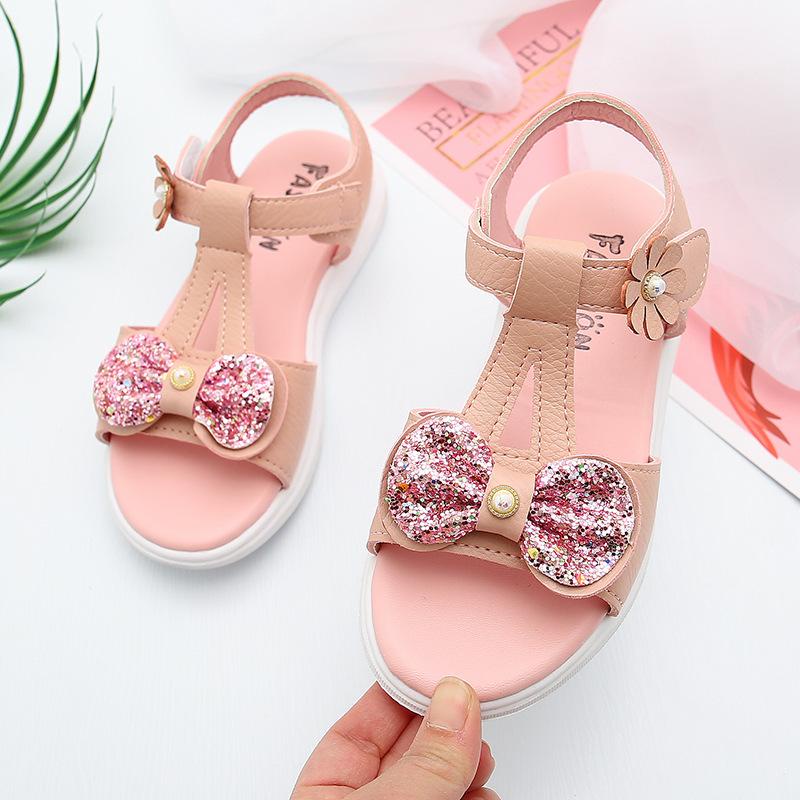 Dép sandal bé gái công chúa cao cấp quai ngang gắn nơ nhũ cho trẻ em đi học 3-13 tuổi [SDG05]