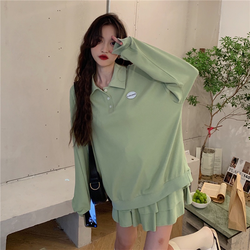 Set Áo Sweater Tay Dài Cổ Polo + Chân Váy Xếp Ly Thời Trang