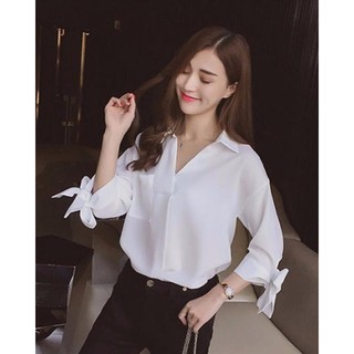 Xả boom Áo sơ mi nữ trắng tay áo xẻ thắt nơ