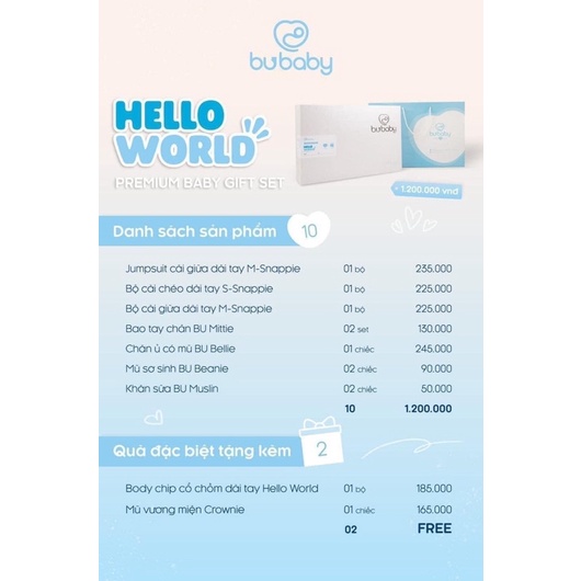 Set quần áo đồ dùng Bu baby 12 món Hello world cho bé sơ sinh - Bu