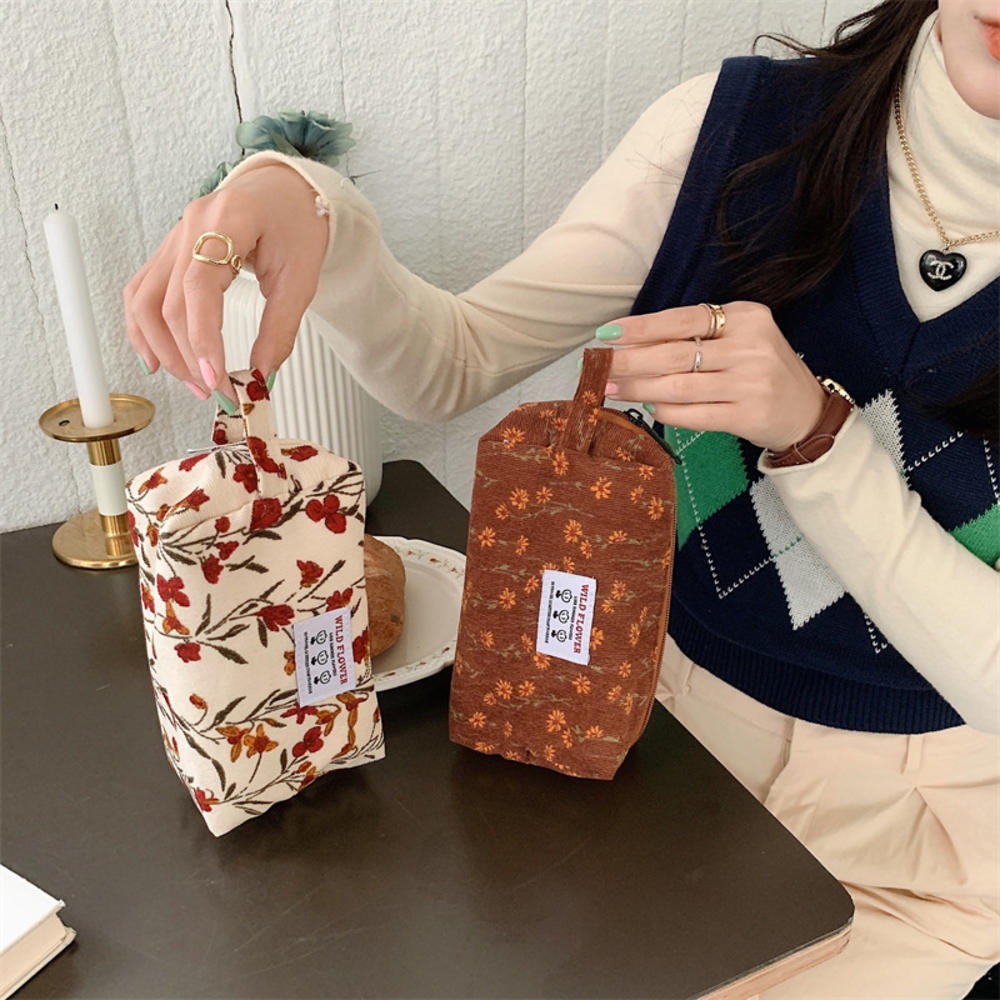 Túi Đựng Bút Chì/ Đồ Trang Điểm Bằng Vải Nhung Kẻ Sọc Caro Và Hoa Thời Trang Hàn Quốc Cho Nữ