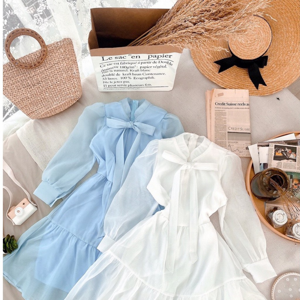 Đầm công sở trắng xanh nơ ngực tơ tầng xinh xắn | BigBuy360 - bigbuy360.vn