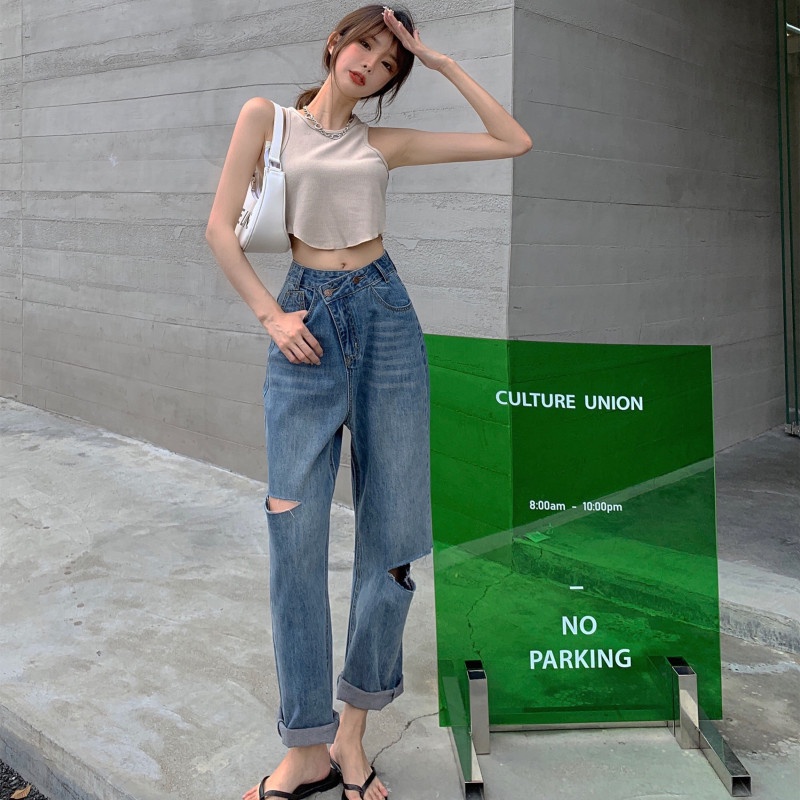 Quần Jean Dài Dáng Rộng Thiết Kế Rách Thời Trang Cá Tính