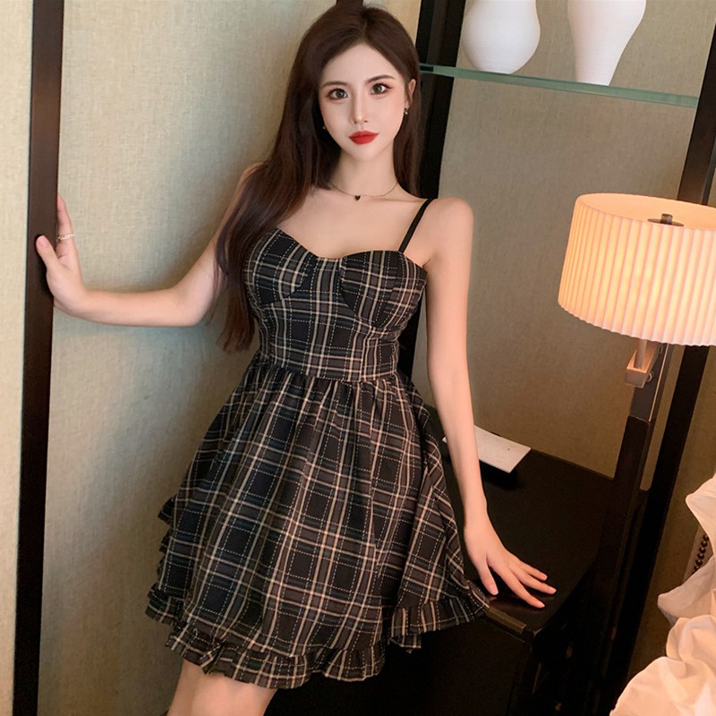 Đầm Hai Dây Họa Tiết Sọc Caro Phong Cách Hàn Quốc Thời Trang Mùa Hè Cho Nữ