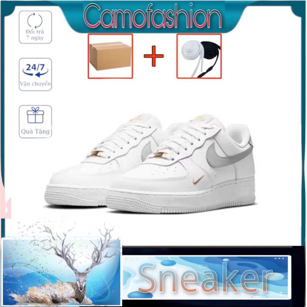 Giày thể thao air force 1 vệt xám logo vàng , Giày AF1 trắng nam nữ bản đẹp 2022 full box bill
