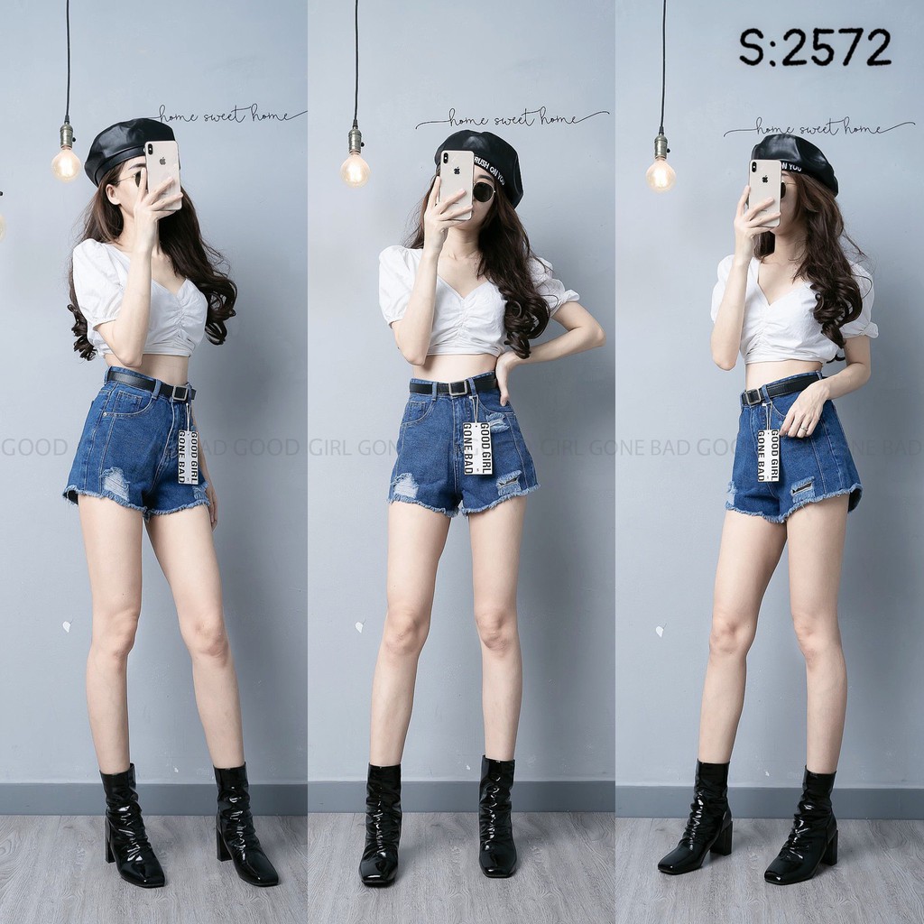 Quần Short Jean Nữ Lưng Siêu Cao Rách Kiểu Cá Tính