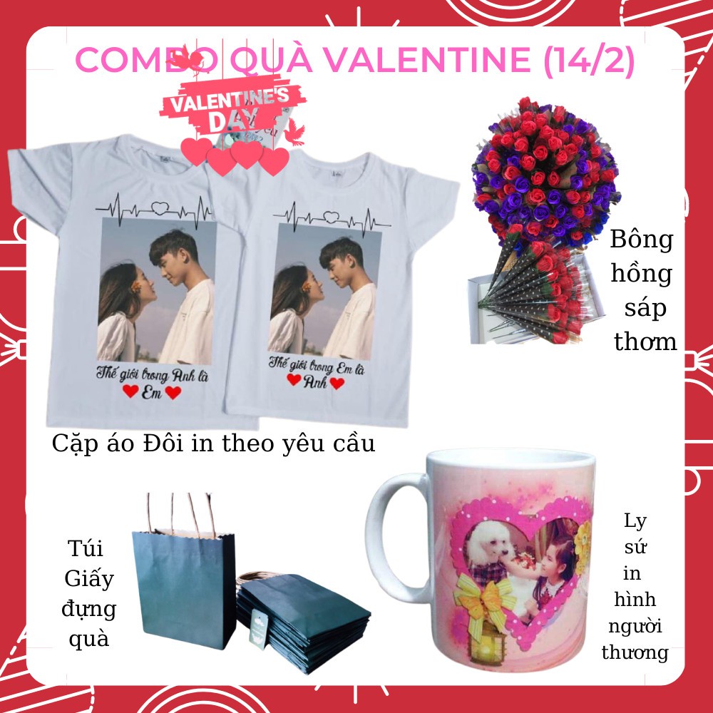 Combo Quà Valentine ( Ly sứ in theo yêu cầu, Cặp áo đôi,  hoa hồng sáp, thiệp, túi giấy đựng quà)