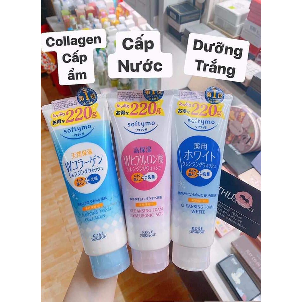 Sữa rửa mặt Kose Softymo collagen/white/ hồng mụn HYALURONIC ACID 220g Nhật Bản