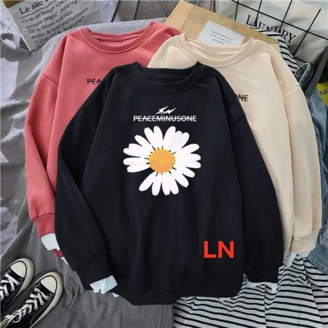 Áo nỉ bông dài tay cổ tròn hoa cúc tia set