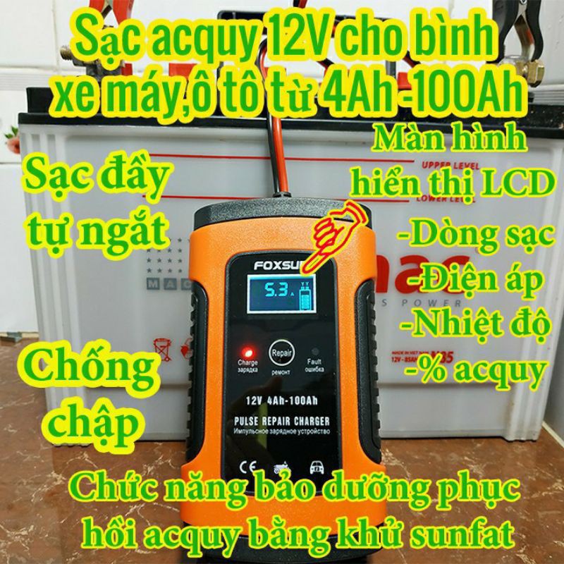 Sạc bình ắc quy 12V FOXSUR tự ngắt khi đầy chức năng bảo dưỡng phục