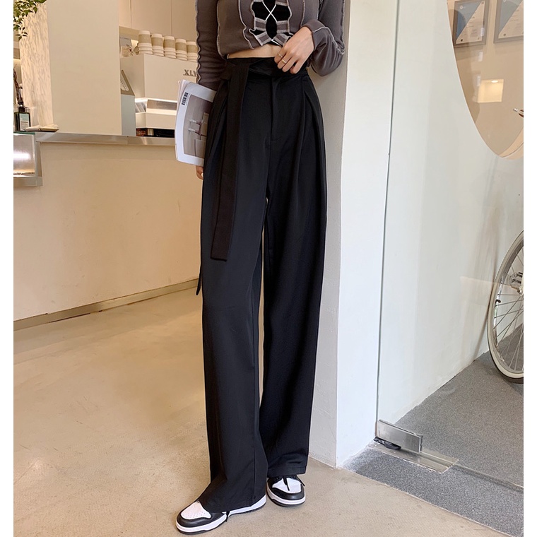 SUXI Quần Dài Lưng Cao Ống Rộng Màu Sắc Đơn Giản Dễ Phối Đồ