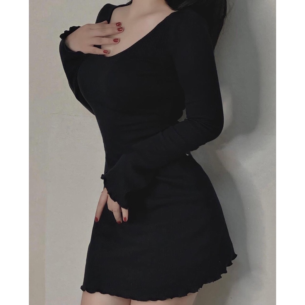 Đầm thun tay loe dài form ôm body dáng xòe chất vải gân len 4 chiều FreeSIze, Váy ngắn nữ cổ v Sexy (Bảo An Hot) | BigBuy360 - bigbuy360.vn