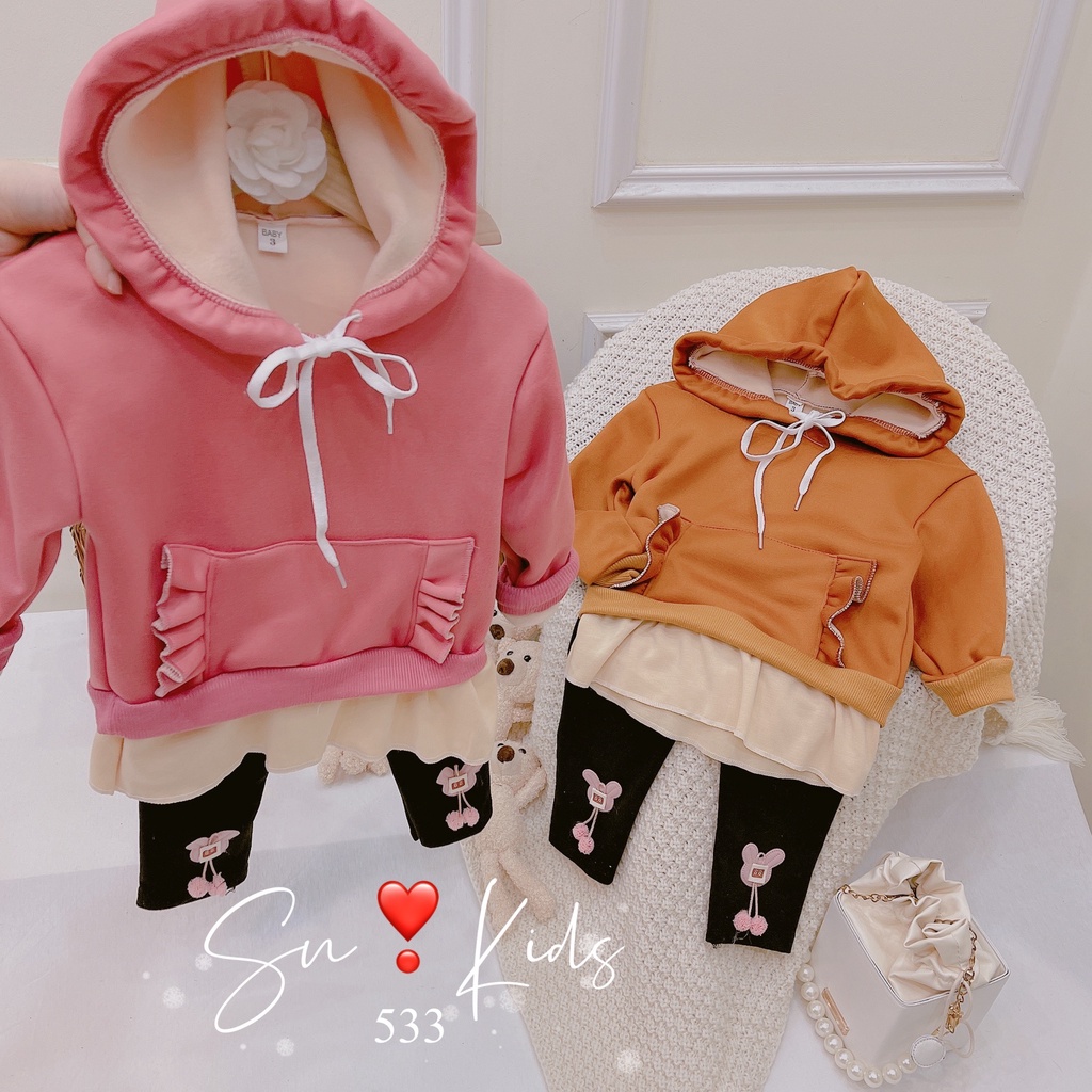 Bộ nỉ lót lông áo hoodie túi bụng quần legging bé gái, Bộ Nỉ Lót Lông Có Mũ cho bé gái