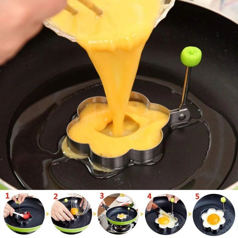 Bộ 5 Khuôn Chiên Trứng/ Bánh Pancake/ Bánh Mì Bằng Thép Không Gỉ Chống Dính Có Tay Cầm Tiện Dụng DIY