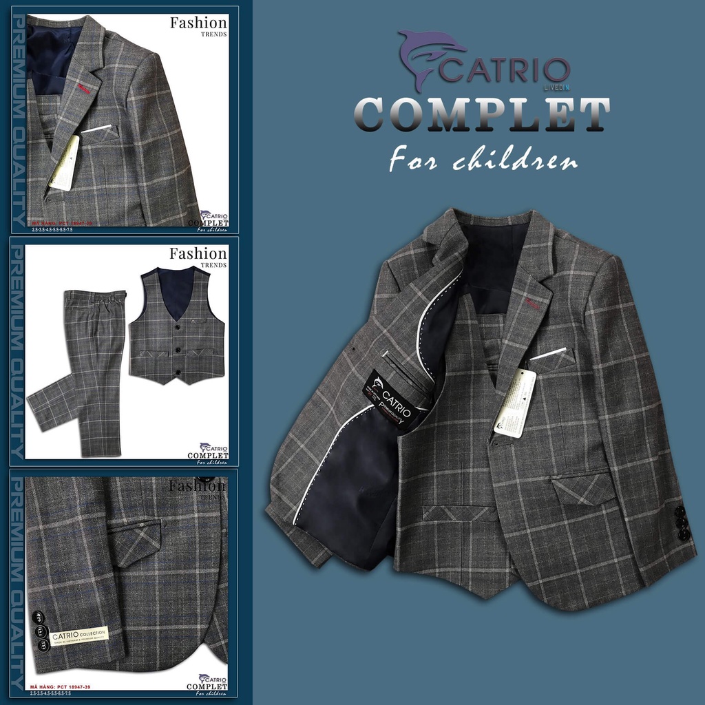 Bộ comple trẻ em 3 chi tiết cao cấp, bộ com lê bé trai Catrio PCT 18947/39