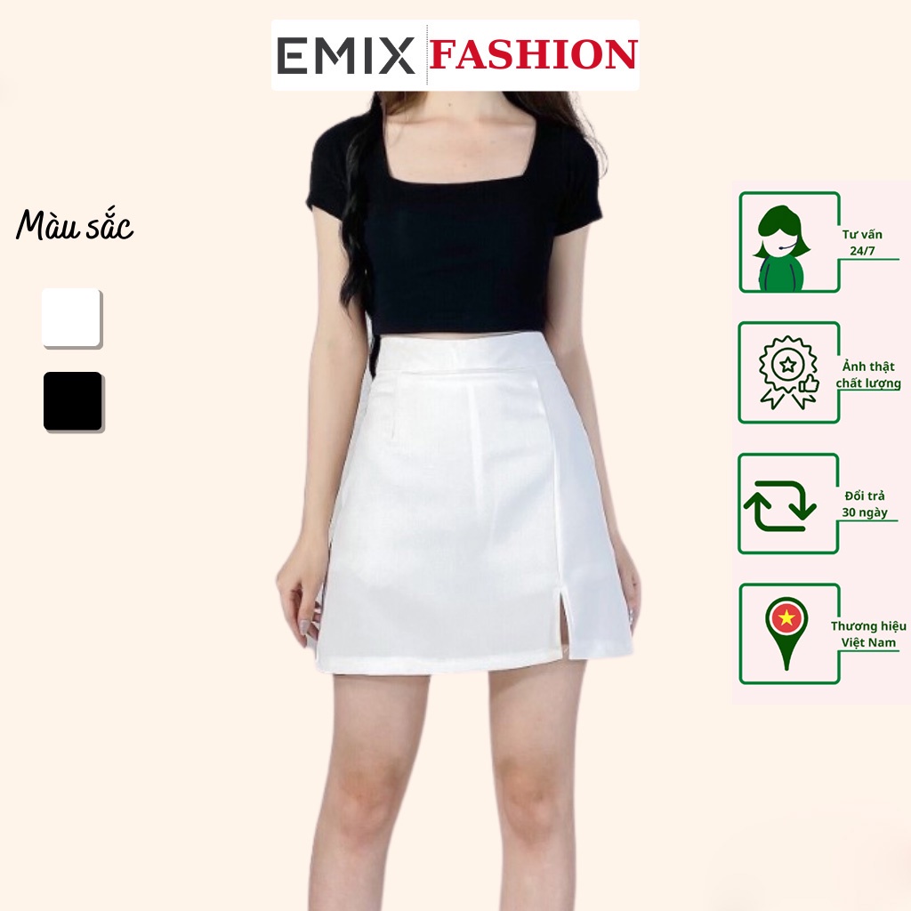 Chân váy chữ A xẻ bên EMIX (màu trắng), dáng ngắn, có lót trong, cạp cao, ôm dáng, vải tuyết mưa, mềm mại, không lộ 242