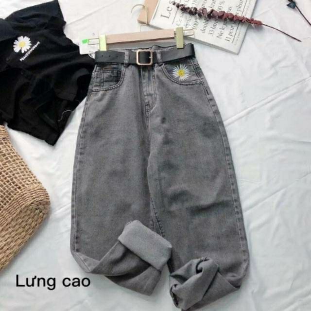 Quần baggy jean nữ thêu đáp hoa cúc chất vải đẹp F09