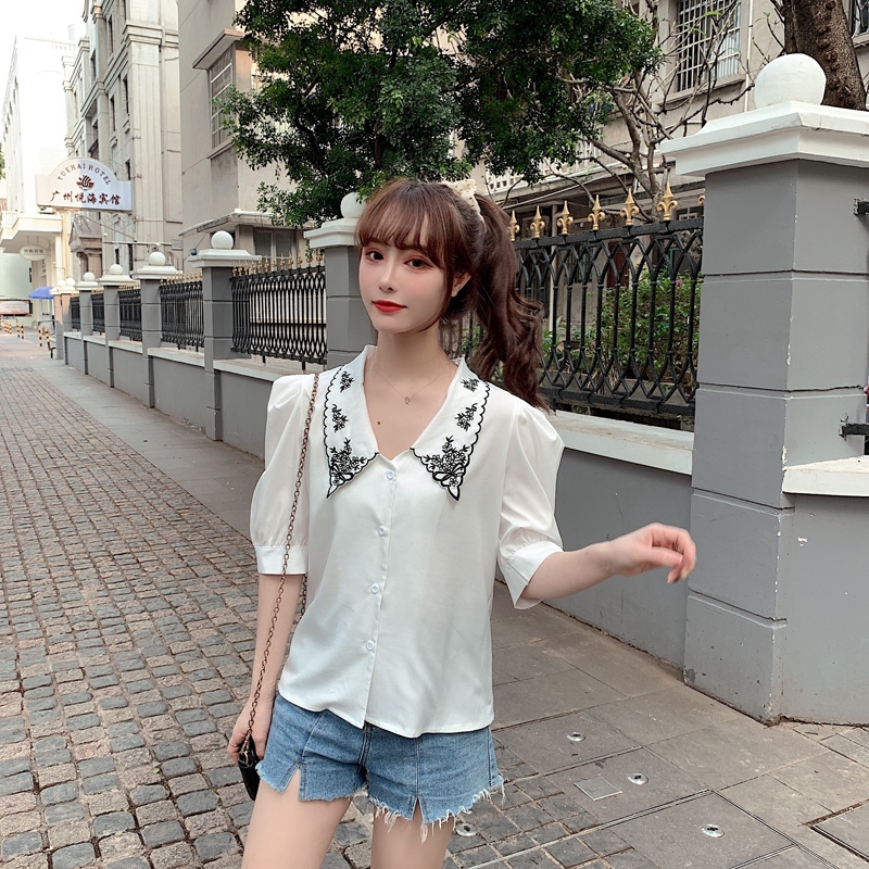 SUXI Áo tay ngắn thêu hoa phong cách vintage cho nữ