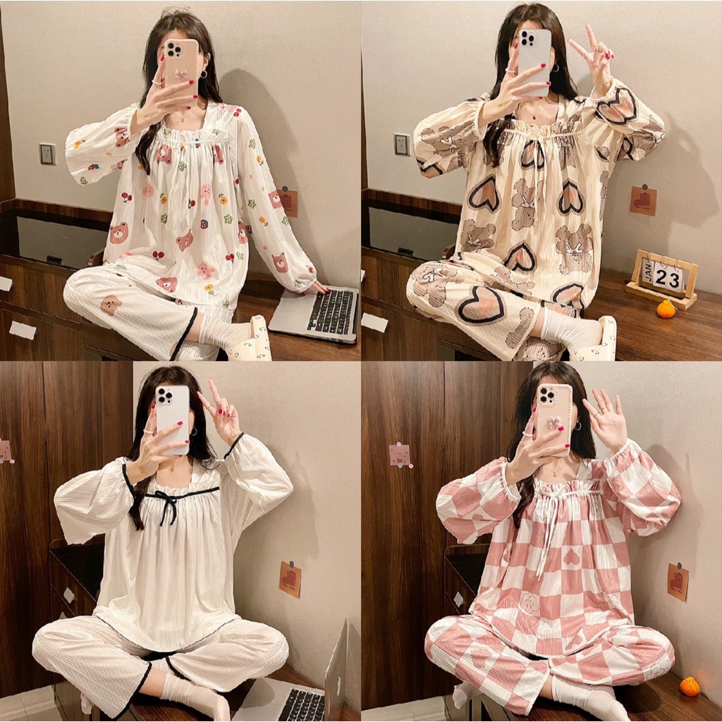 Đô ngủ mặc ở ở nhà, đồ bộ tay dài quần dài, pijama style tiểu thư xinh xắn