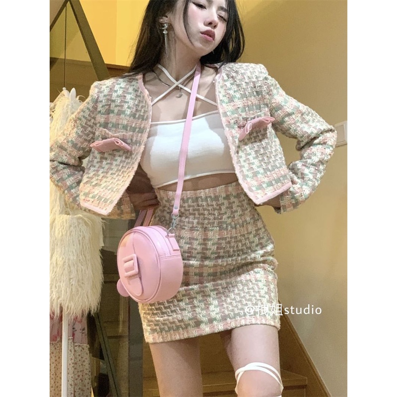 Xiaoxiang Bộ Áo Khoác + Chân Váy Lưng Cao Vải Tweed Màu Hồng Thuần Khiết Phong Cách Mới Mùa Thu Dành Cho Bạn Nữ