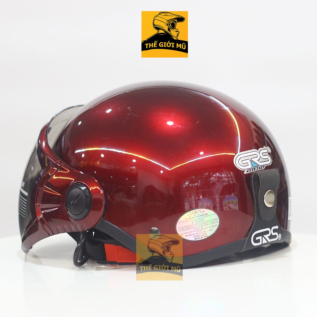 Mũ bảo hiểm nửa đầu có kính GRS A33k màu đỏ mận bóng, bảo hành 12 tháng