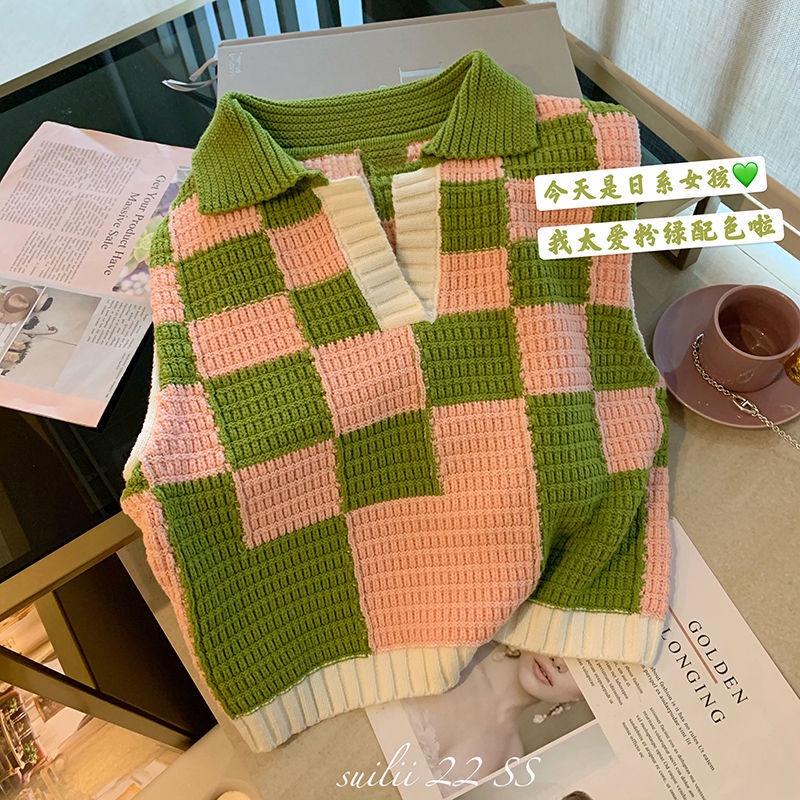 Áo sweater Sát Nách Dáng Rộng Cổ polo Họa Tiết Kẻ Ô Nhiều Lớp Màu Sắc Tương Phản Thời Trang Xuân Hè Cổ Điển Dành Cho Bạn Nữ