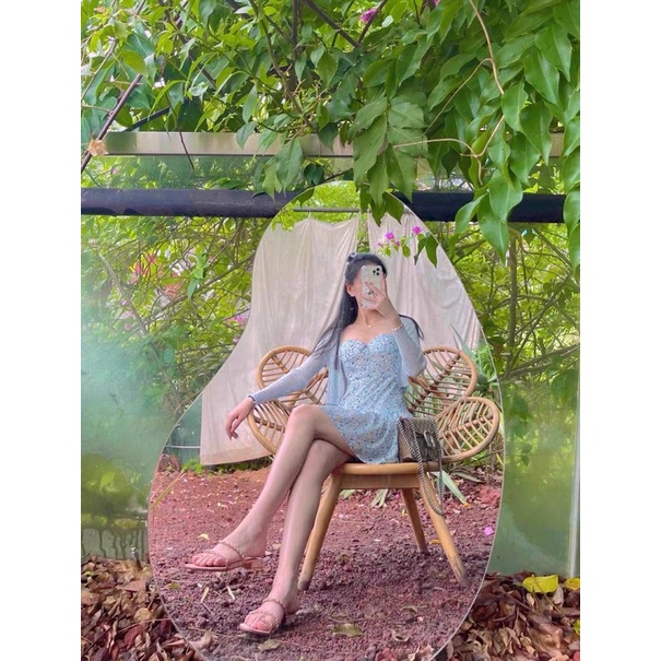 Đầm dây hoa nhí xanh Blue Blossom chất voan hai lớp