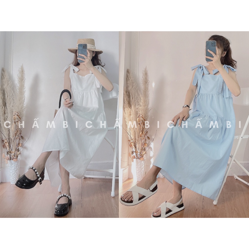 Váy babydoll Hàn Quốc V.079, Váy dáng dài 2 tầng xòe thắt nơ vai cực xinh | BigBuy360 - bigbuy360.vn