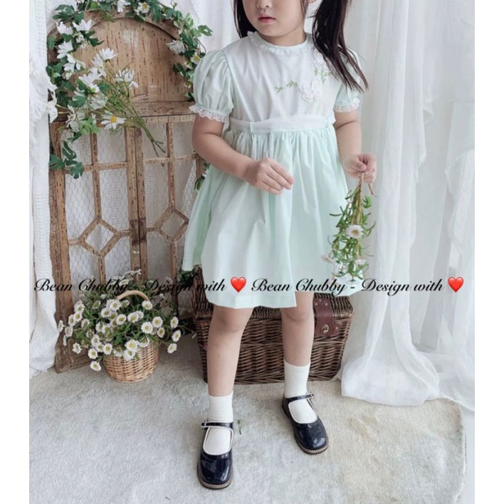 Đầm thô Hàn Quốc baby doll xanh mint pastel phối ren 1-10y