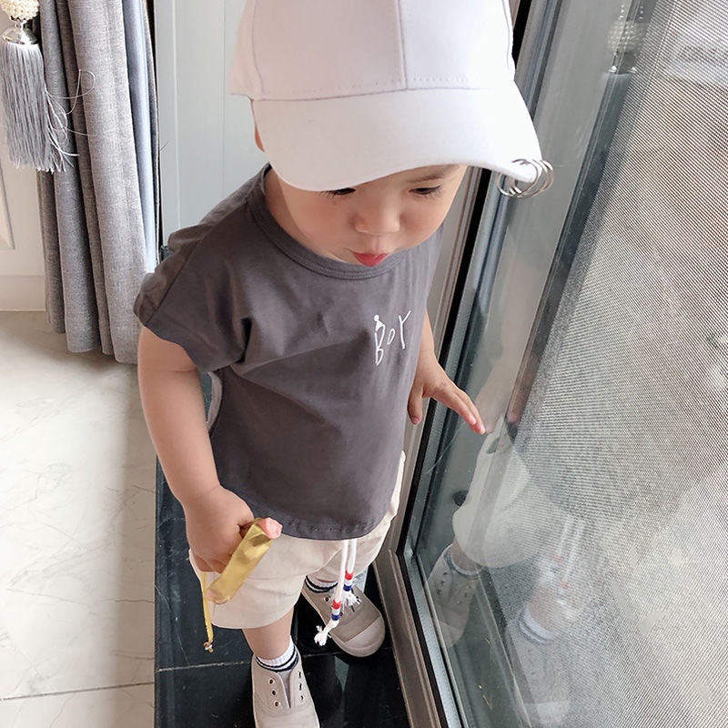 Set đồ mùa hè 2 món gồm áo tay ngắn 95% Cotton màu trơn + quần ngắn thời trang cho bé trai