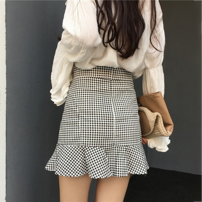 New women's fresh plaid bag hip high waist ruffle fishtail skirt | BigBuy360 - bigbuy360.vn