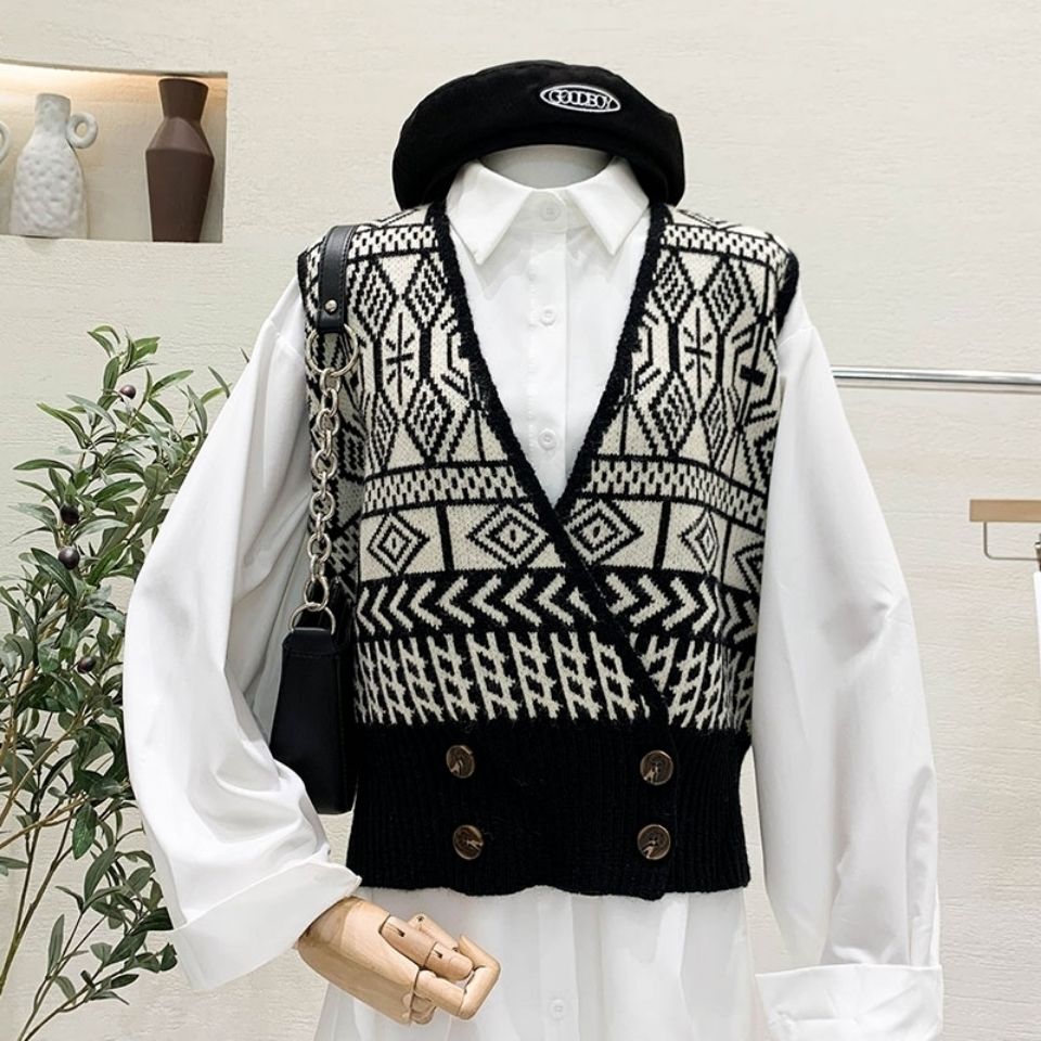 Áo Gile Áo Len Gile Knitted Vest Women's New Loose Retro Contrast Plaid Sleeveless V-neck Jacket