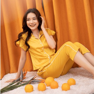[Utan]Bộ mặc nhà pijama lụa quần lửng tay cánh tiên màu trơn (vàng - xanh cổ vịt)