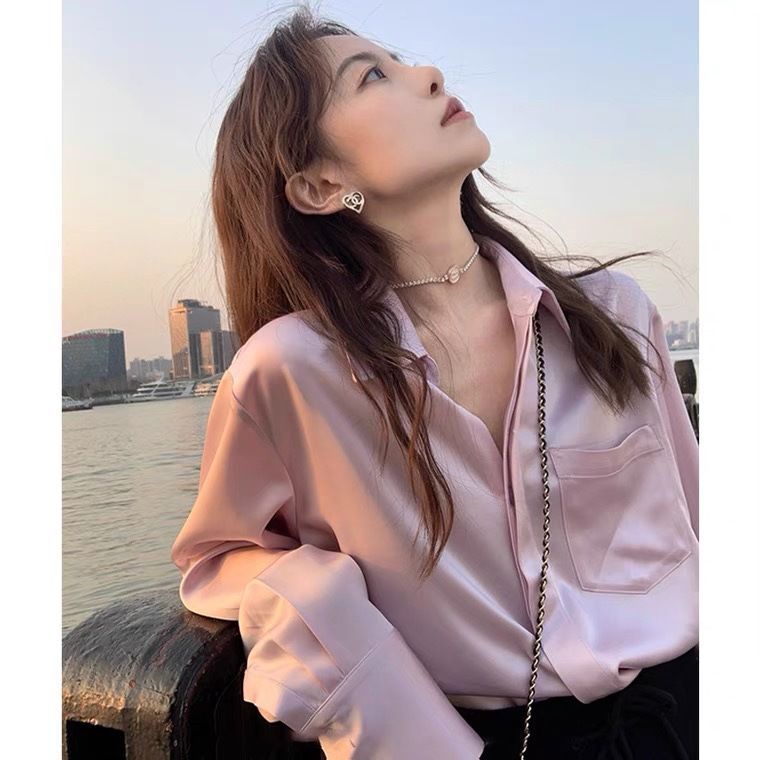Áo Sơ Mi Tay Dài Dáng Rộng Màu Hồng Thời Trang Mùa Hè Cho Nữ