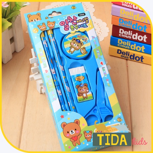 Set Đồ Dùng 5 Món ⚡️ HOT TREND ⚡️Bút Chì, Gọt Chì, Tẩy Chì, Kéo, Văn Phòng Phẩm TiDa Kids Shop