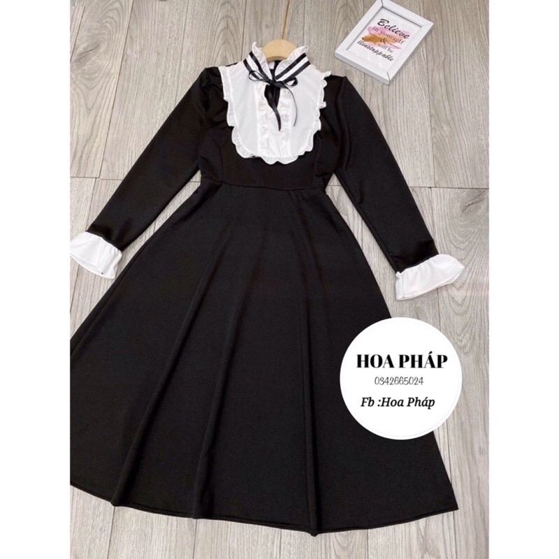 Váy Umi  dáng xoè tiểu thư  cổ phối viền bèo thắt nơ siêu đẹp (kèm ảnh thật Shop chụp