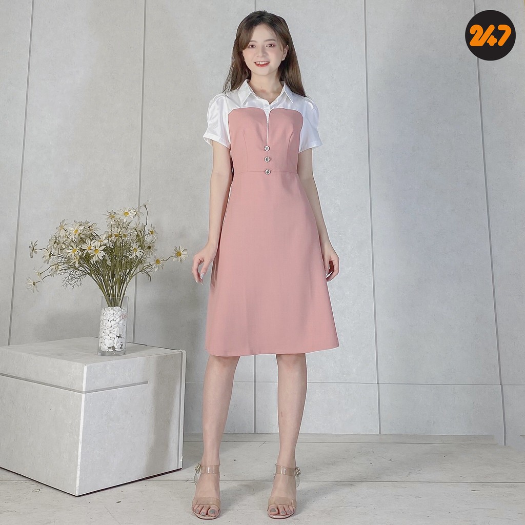 [Mã SKAMSALEP6 giảm 10% tối đa 100K đơn 150K] Đầm nữ công sở xòe kiểu dáng phối màu cổ sơ mi thanh lịch | BigBuy360 - bigbuy360.vn